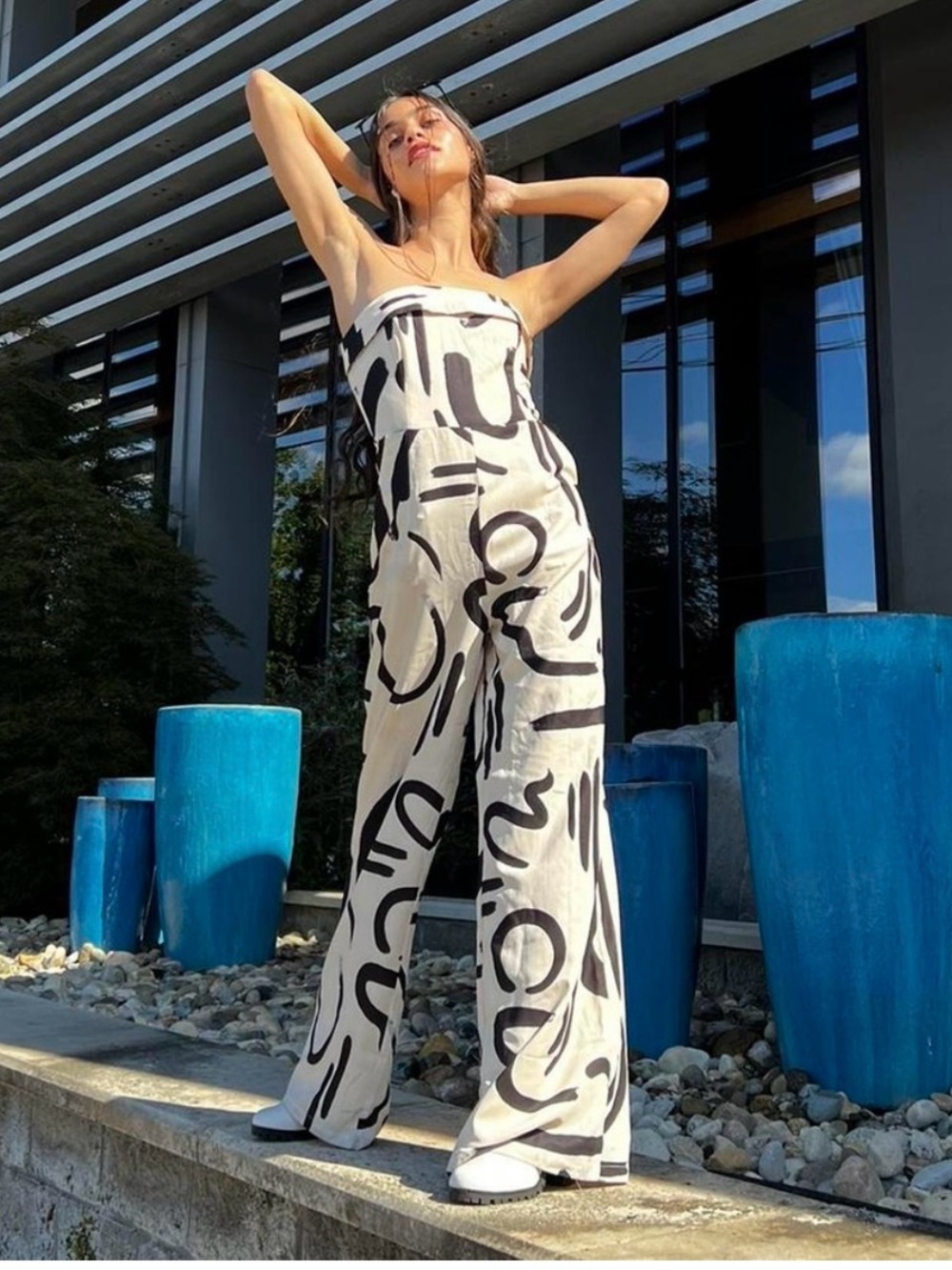 TAILORED XS Strapless Black & White Abstract York Wide-Leg Jumpsuit with pockets